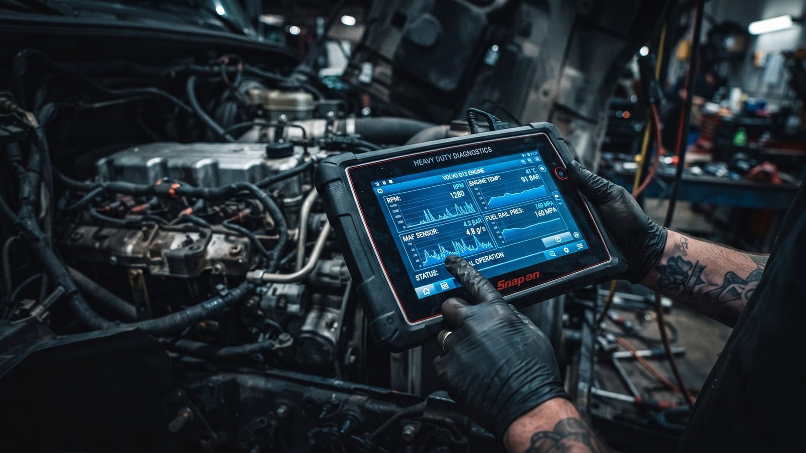 Heavy duty scan tool showing live engine RPM, temperature and fuel rail pressure on a diesel engine