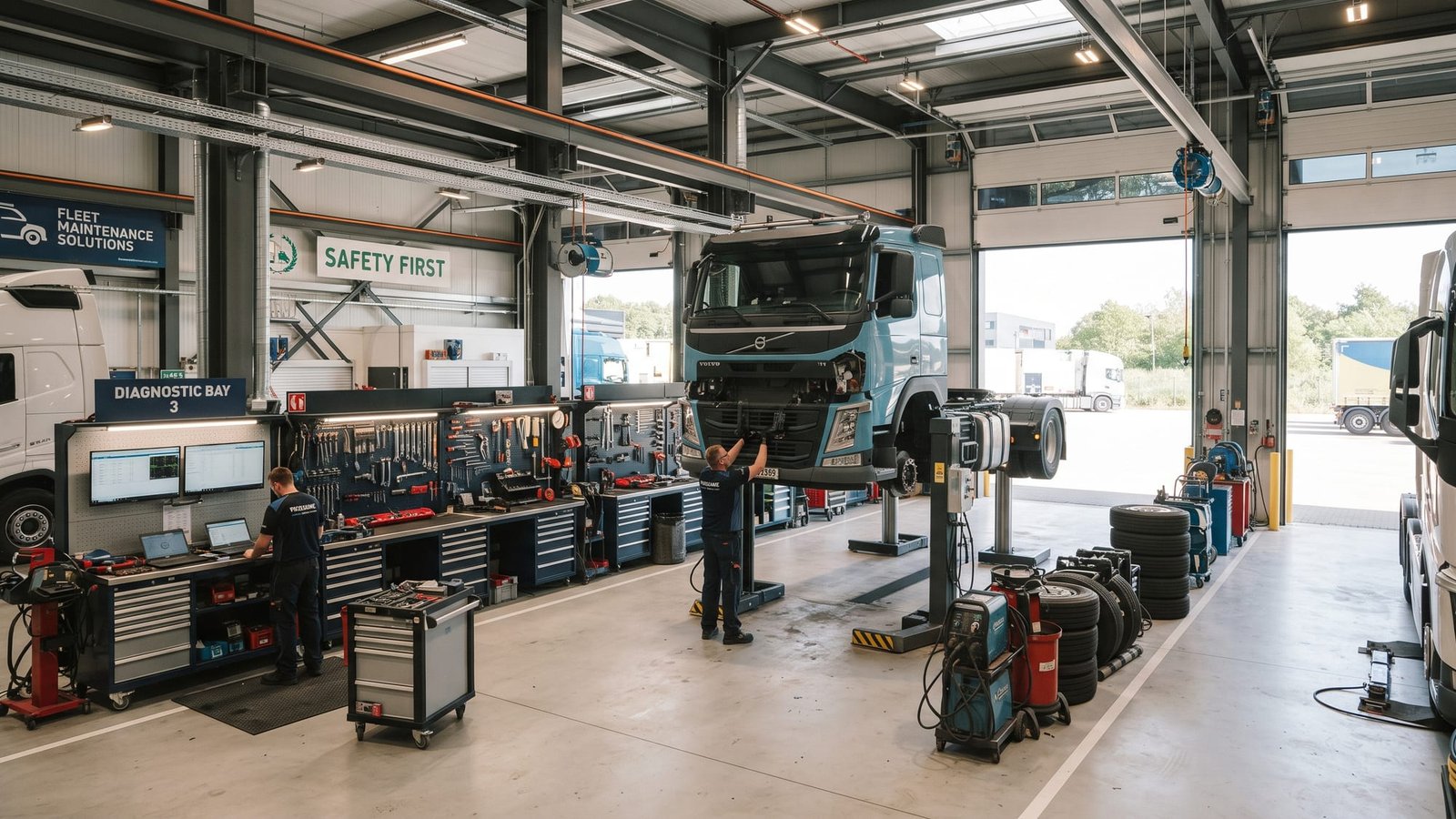 Tractor unit raised on column lifts in the diagnostic bay with technicians working on it