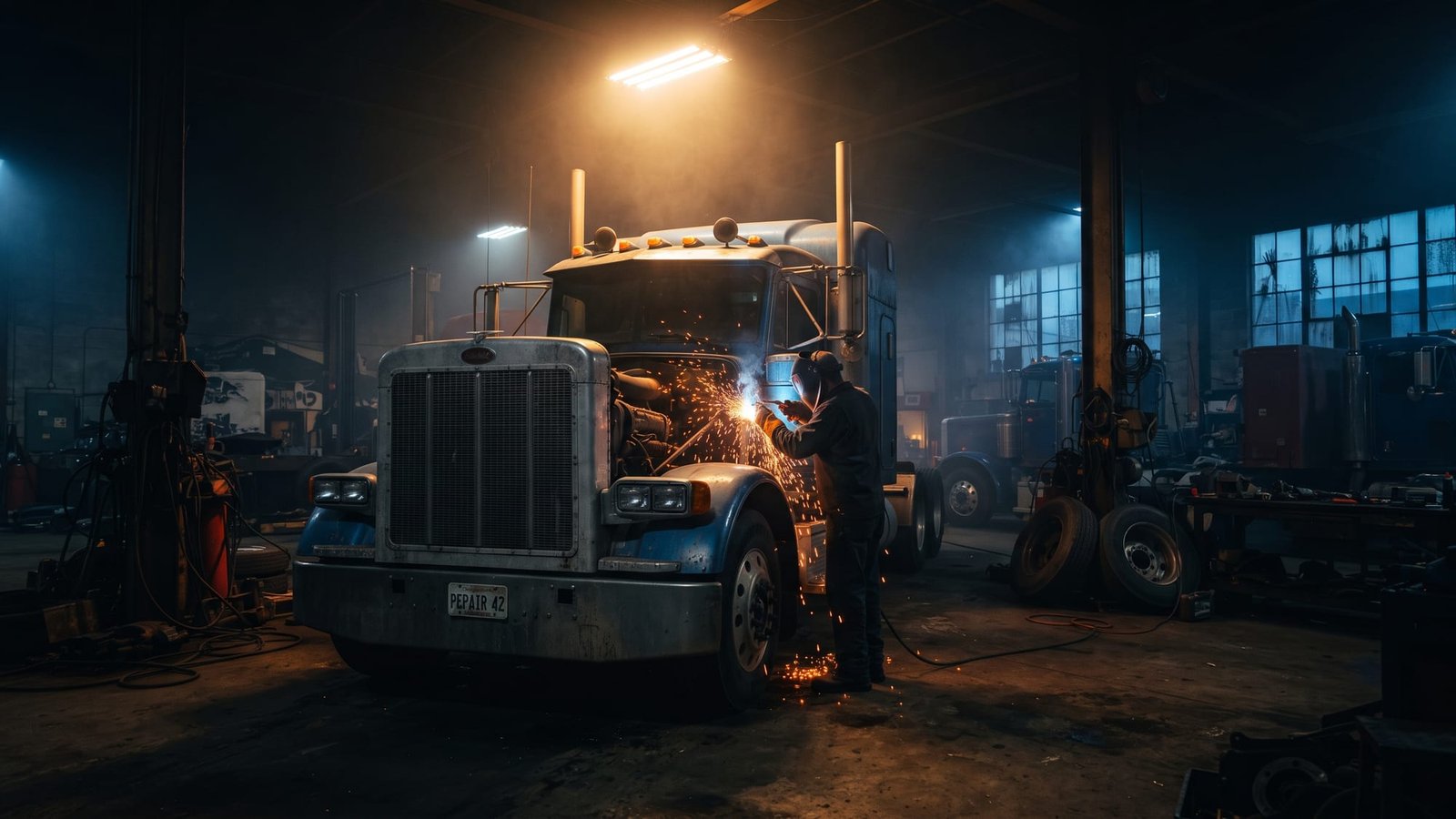Certified welder repairing a heavy truck with sparks flying in the service bay
